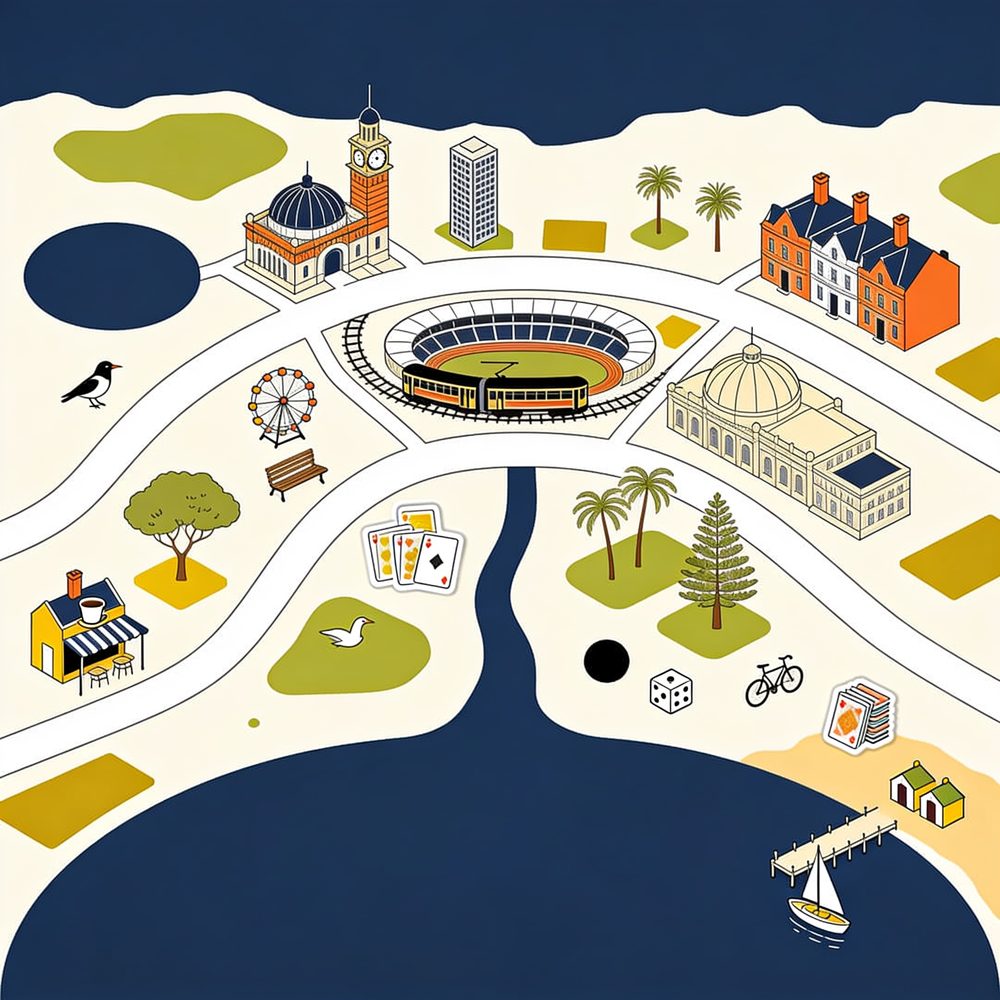 An illustrated map of Melbourne: white roads winding between a domed railway station with a clock tower, a stadium with a tram beside it, terrace houses, a cafe and parks, with a pier and a sailing boat where the water meets the shore.