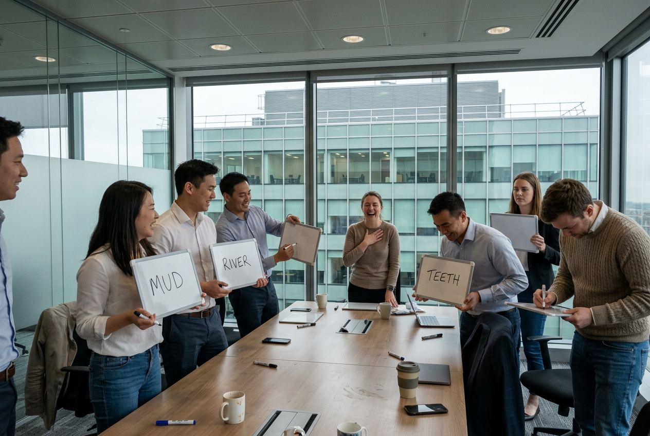 Colleagues standing around a boardroom table holding small whiteboards with guessed words on them, laughing.