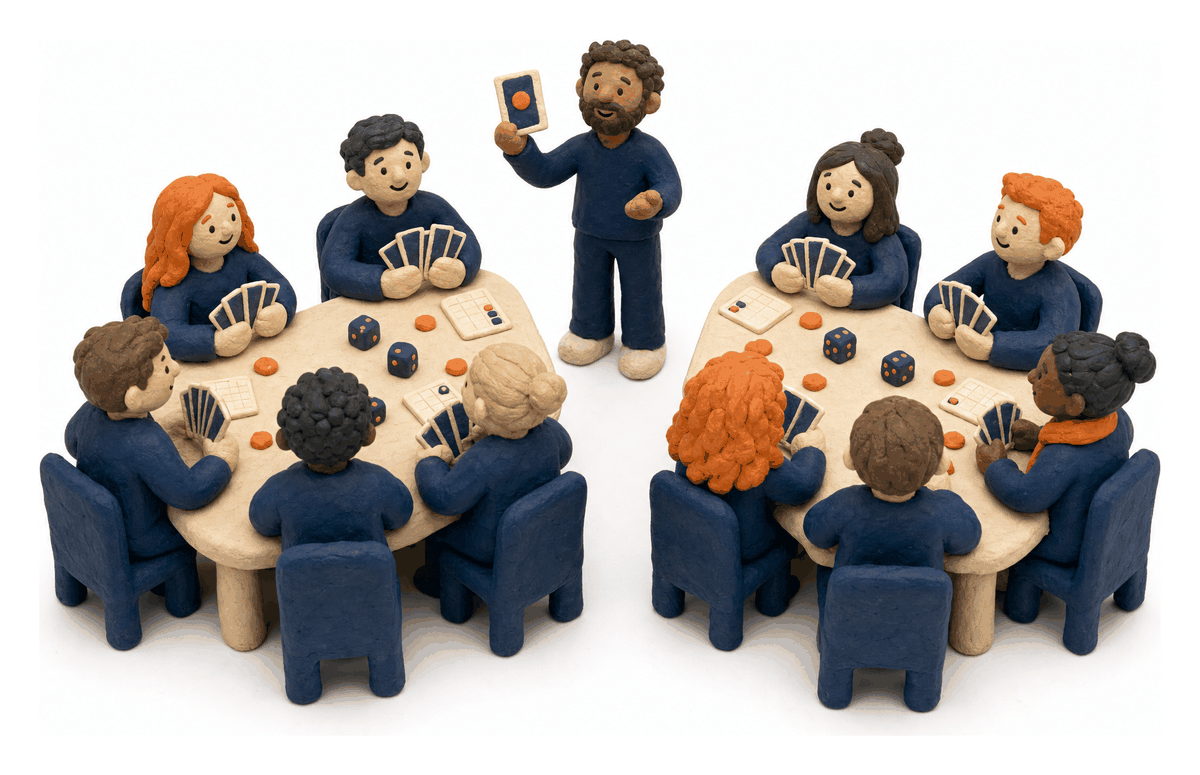 A modelling-clay scene of an office game night: two tables of six, everyone holding cards, and the host standing between them holding a teach-card up.