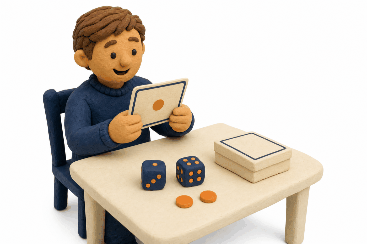 A modelling-clay scene of one person at a table, smiling as they read a teach-card, with dice and tokens in front of them.